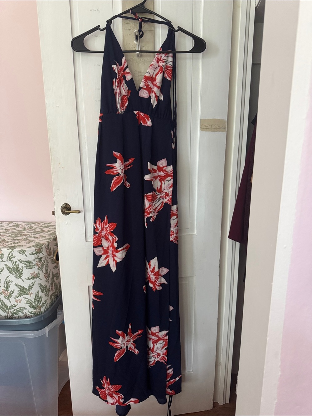 Simplee Apparel Navy Maxi Dress with Red and White Floral Print